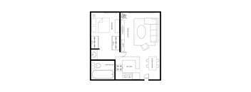 A black and white floor plan of an apartment with two bedrooms,  living room, dining room, kitchen, and bathroom.