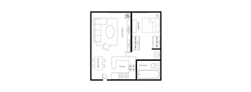 A black and white floor plan of an apartment with labeled bedroom, kitchen, livingroom and bathroom