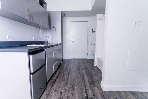 A kitchen with a stainless steel dishwasher and a white door.