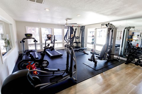 A gym with a variety of equipment including treadmills, weights, and exercise machines.