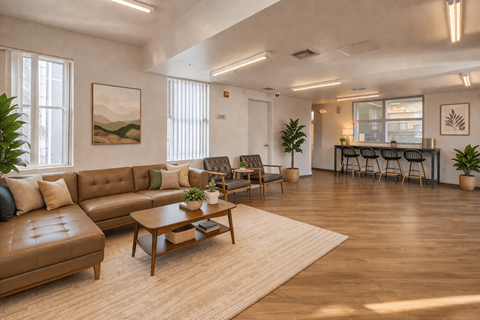 A living room with a brown leather sofa and a wooden coffee table.