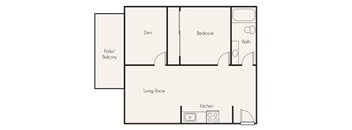 A floor plan of a house with a living room, kitchen, den, bedroom, and bathroom.