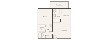A floor plan of a house showing a living room, dining room, kitchen, bath, bedroom, and walk-in closet.