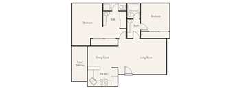 A floor plan of a house with two bedrooms, a living room, a dining room, a kitchen, and a patio/bakery.