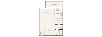 A simple floor plan of a small apartment with a living room, kitchen, bedroom, bathroom, and a patio/balcony.