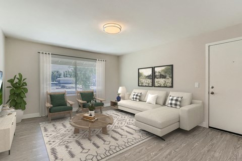 A living room with a couch, chairs, and a coffee table.