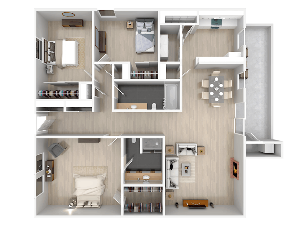A detailed 3D floor plan of a small apartment with a kitchen, living room, and bedrooms.