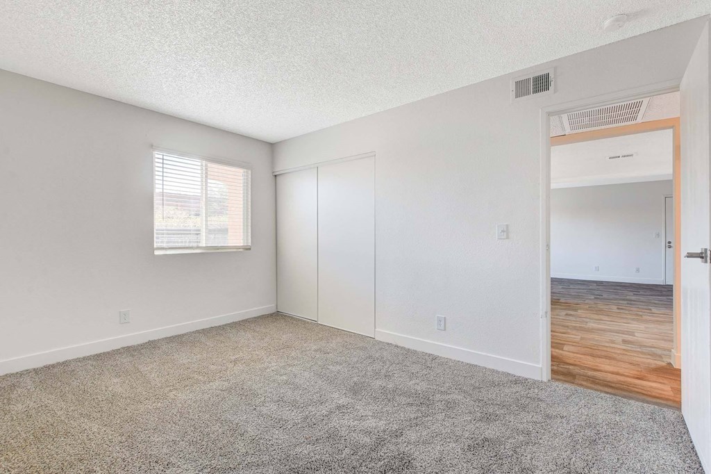 A room with a carpeted floor and a window with blinds.