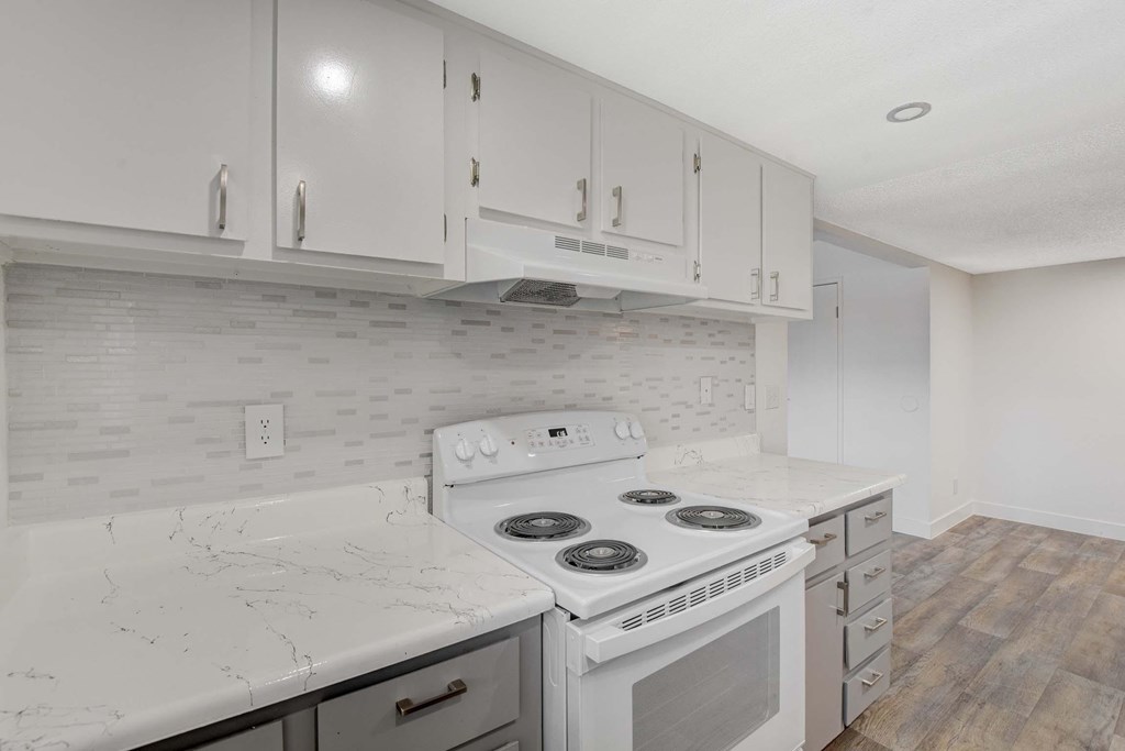 A white kitchen with a stove and cabinets.