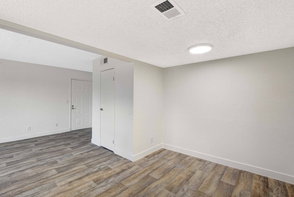 A room with a wooden floor and a white door.