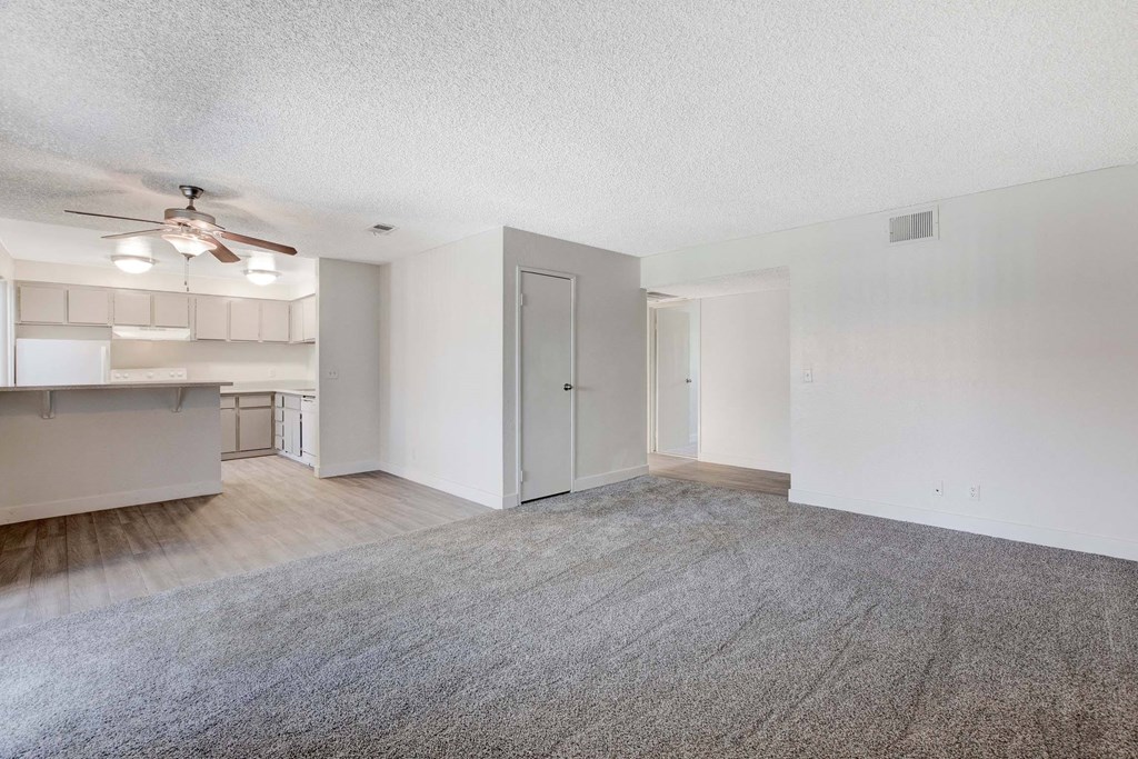 A room with a carpeted floor and a ceiling fan.