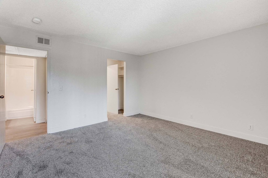 A room with a grey carpet and white walls.