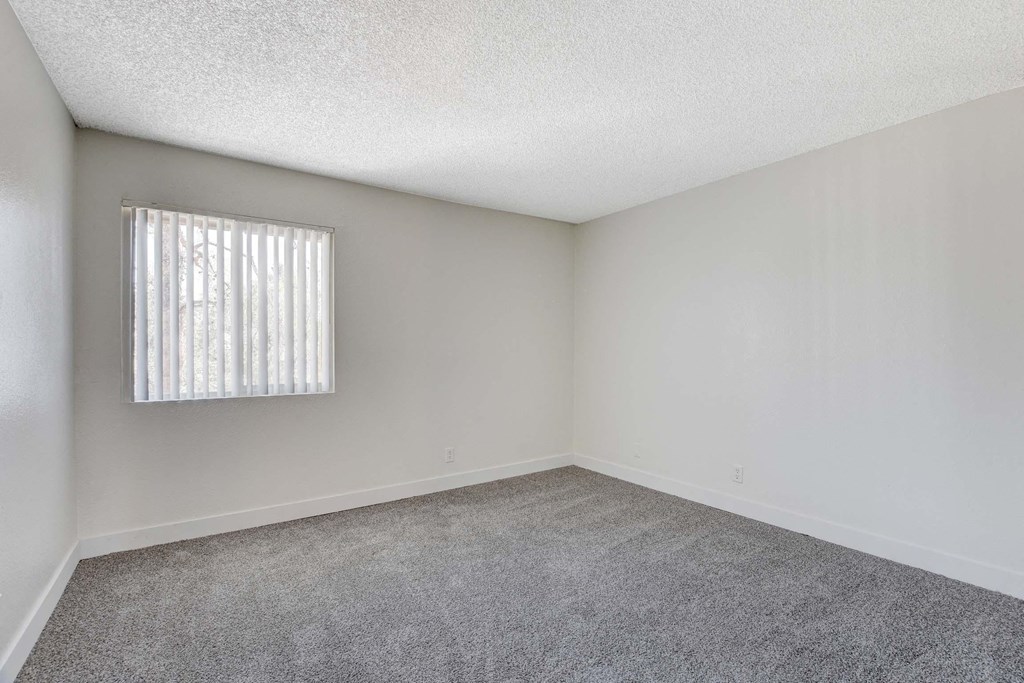 A room with a carpeted floor and a window with blinds.