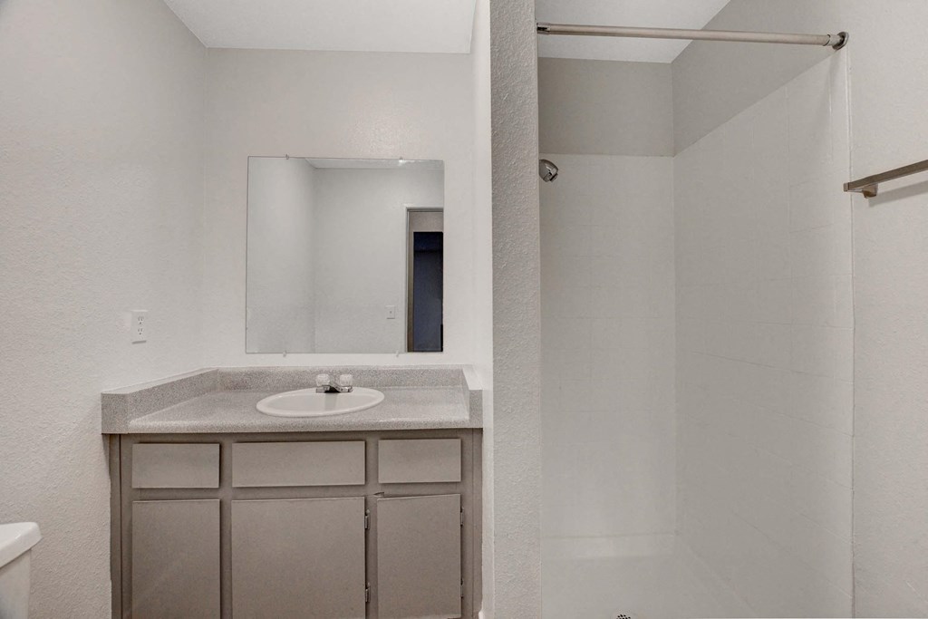 A bathroom with a sink, mirror, and shower.