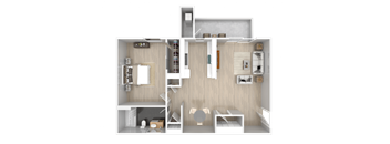 A 3D floor plan of a house with a kitchen, living room, and two bedrooms.