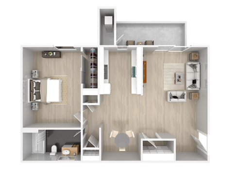 A 3D floor plan of a house with a kitchen, living room, and two bedrooms.