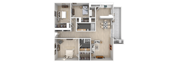 A detailed 3D floor plan of a house showing all rooms and their layout.