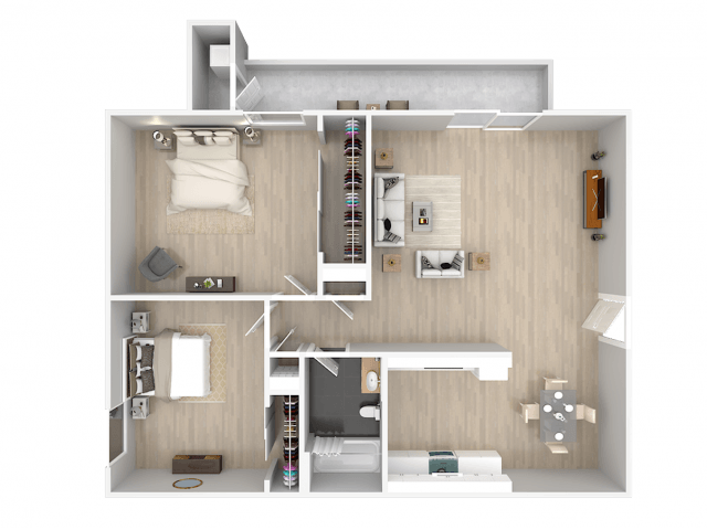 A 3D floor plan of a small apartment with a bedroom, living room, and kitchen.