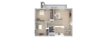 A 3D floor plan of a small apartment with a bedroom, living room, and kitchen.