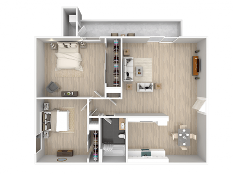 A 3D floor plan of a small apartment with a bedroom, living room, and kitchen.