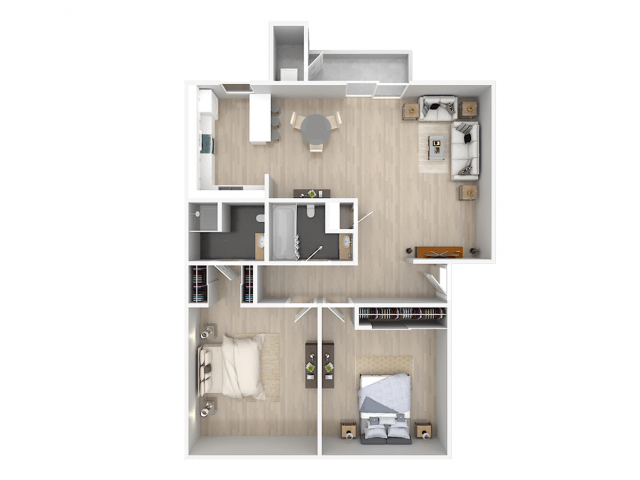 A top-down view of a house layout with a living room, kitchen, and two bedrooms.
