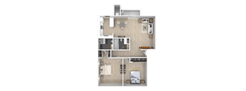 A top-down view of a house layout with a living room, kitchen, and two bedrooms.