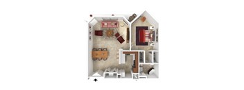 A top down view of a small apartment with a kitchen, living room, and bedroom.