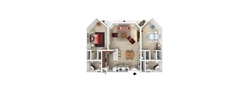 A top down view of a house interior with a kitchen, living room, and bedrooms.