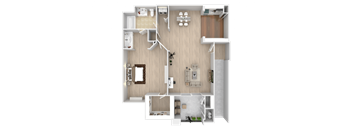 A floor plan of a house with a kitchen, living room, and two bedrooms.