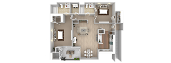 A 3D floor plan of a house with a kitchen, living room, and two bedrooms.