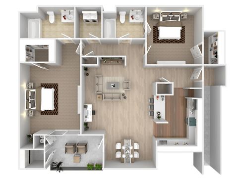 A 3D floor plan of a house with a kitchen, living room, and two bedrooms.