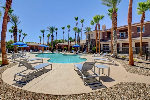 A pool surrounded by palm trees and lounge chairs.