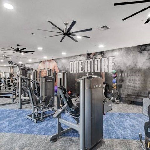 A gym with a variety of equipment including a rowing machine.