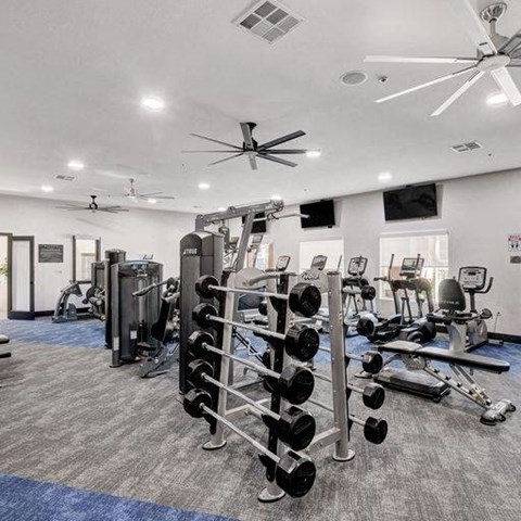 A gym with a variety of equipment including weights and cardio machines.