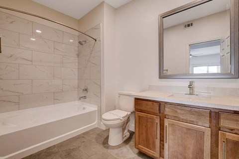 A bathroom with a white toilet and a white bathtub.