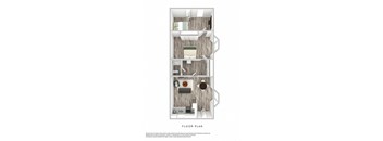 A floor plan of a small apartment with a kitchen, living room, and bedroom.