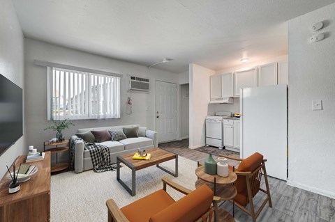 A living room with a grey couch, a coffee table, and a television.