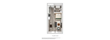 A floor plan of a bedroom with a bed, dresser, and nightstand.