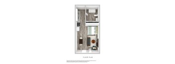 A floor plan of a room with a kitchen area, a living room, and a bathroom.