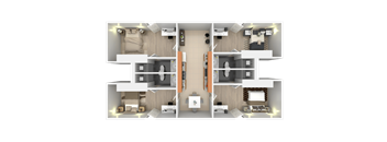 A 3D floor plan of a house with two bedrooms, a living room, a kitchen, and a bathroom.