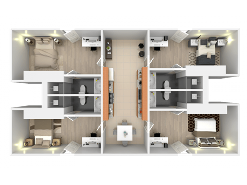 A 3D floor plan of a house with two bedrooms, a living room, a kitchen, and a bathroom.