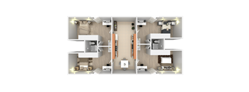 A 3D floor plan of a house showing a kitchen, living room, dining room, and two bedrooms.