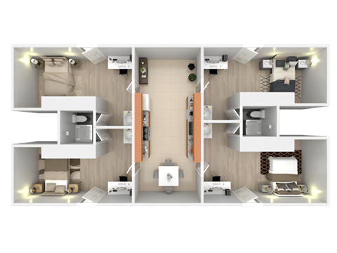 A 3D floor plan of a house showing a kitchen, living room, dining room, and two bedrooms.