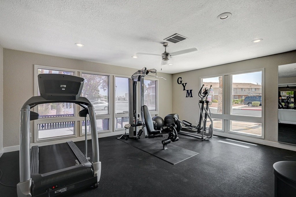 A home gym with a treadmill, elliptical machines, and weights.
