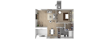 A 3D floor plan of a small apartment with a kitchen, living room, and bedroom.