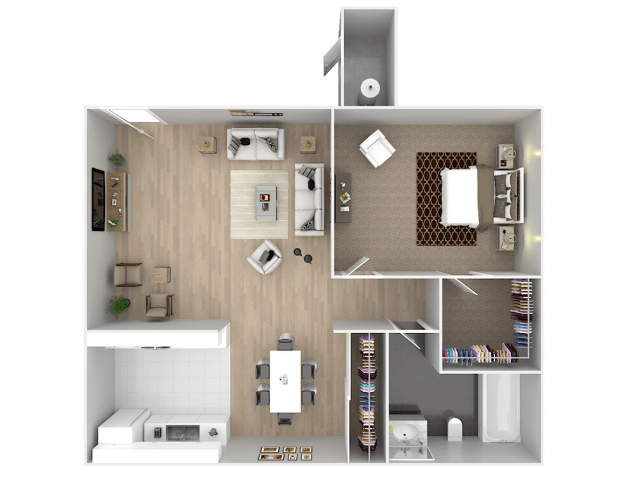A 3D floor plan of a small apartment with a kitchen, living room, and bedroom.