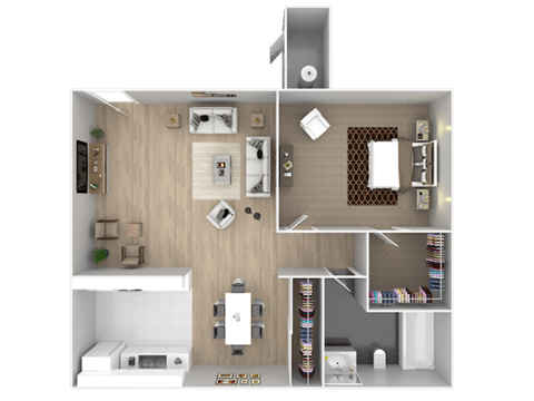 A 3D floor plan of a small apartment with a kitchen, living room, and bedroom.