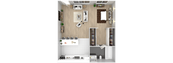A 3D rendered image of a modern kitchen and living room.