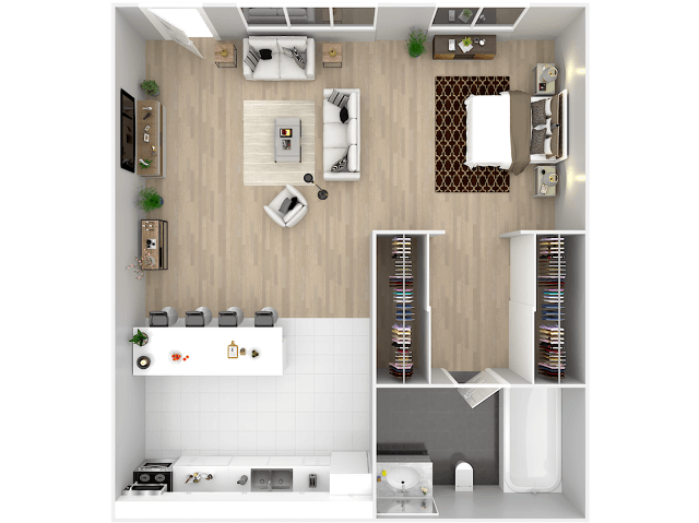 A 3D rendered image of a modern kitchen and living room.