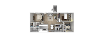 A 3D floor plan of a small apartment with a kitchen, living room, and bedroom.